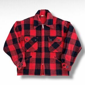 Vintage 60s 70s Mackinaw Buffalo Plaid Zip Wool Jacket Red/Black Size Medium